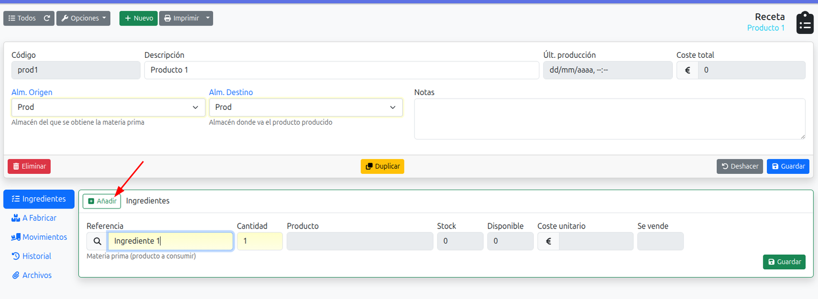 Crear una recepta (escandall)