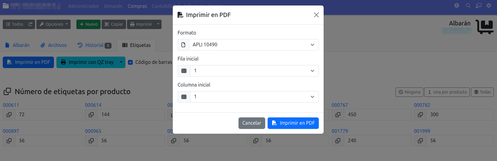 Imprimir des dels albarans