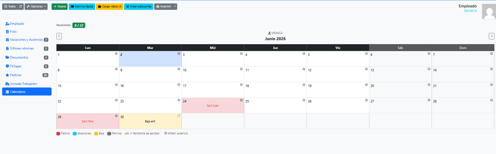 Calendari, festius i absències